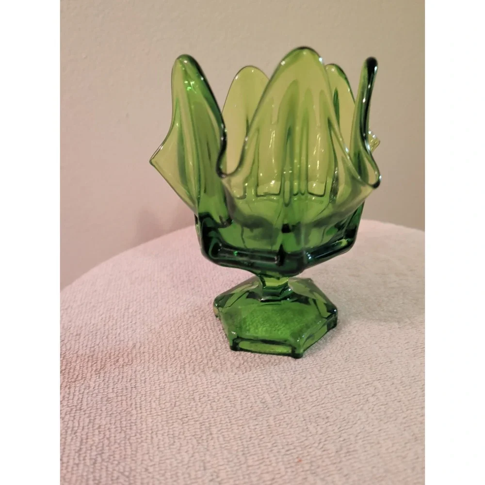 Vintage Viking Green Swung Glass Vase MCM Art Glass Pedestal Finger Vase